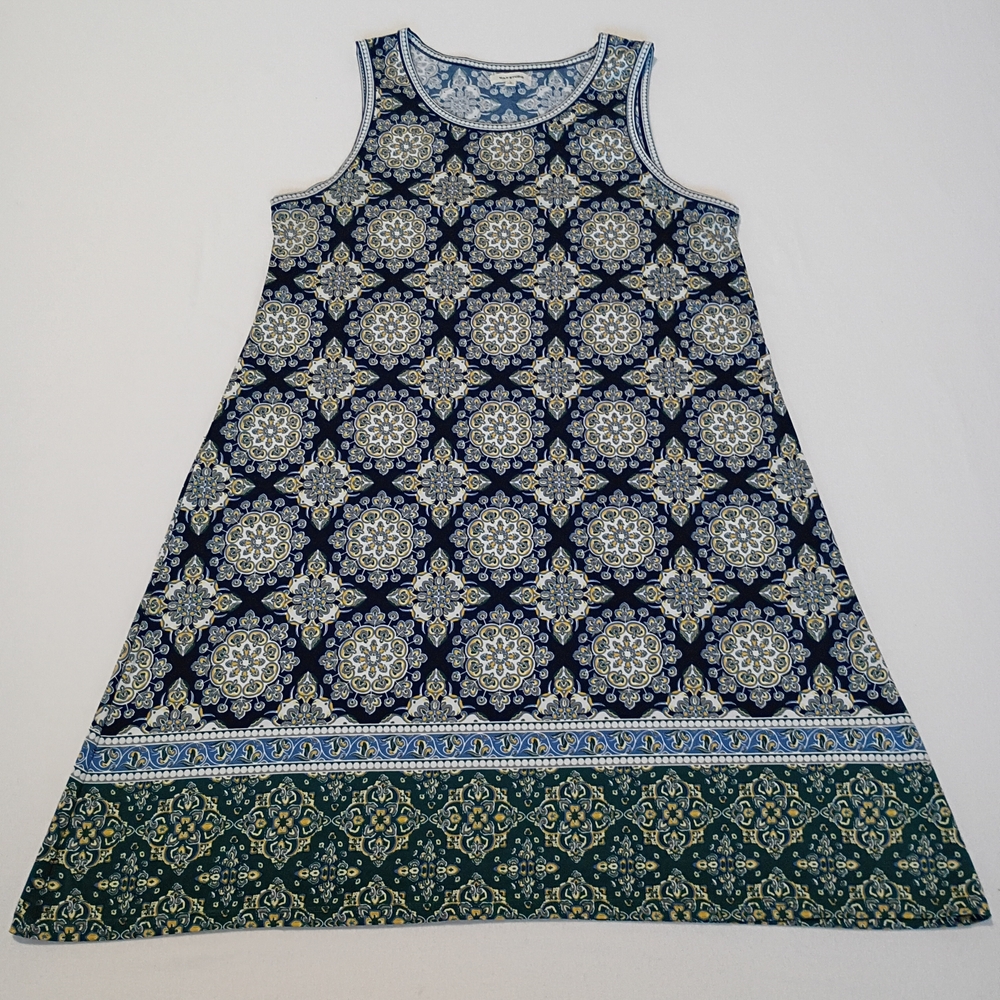 Max Studio Women Size L Mandala Blue Green Yellow Floral Comfy Casual Dress